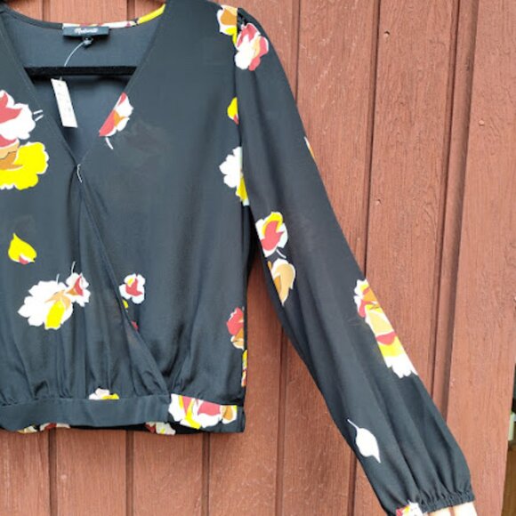 MADEWELL | NWT Black Silk Wrap Top Gallery Floral Long Balloon Sleeve Blouse M - Picture 6 of 16